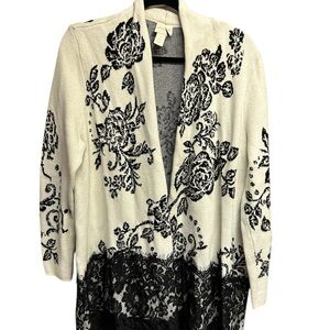 Chico's Black and White Floral Lace Bottom Long Open Cardigan
